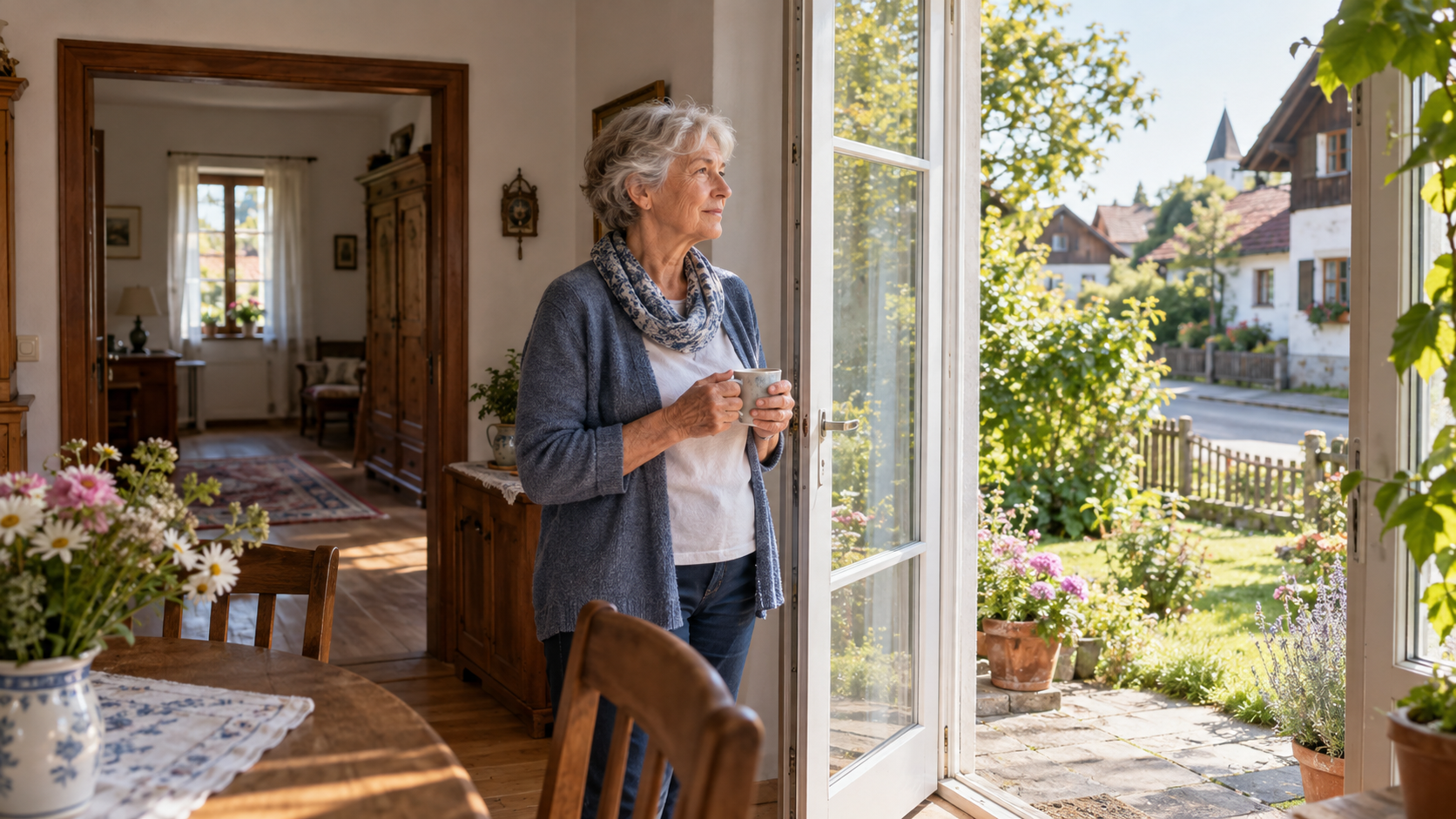 Ältere Frau steht mit einer Tasse am offenen Gartenausgang ihres Hauses in Bayern